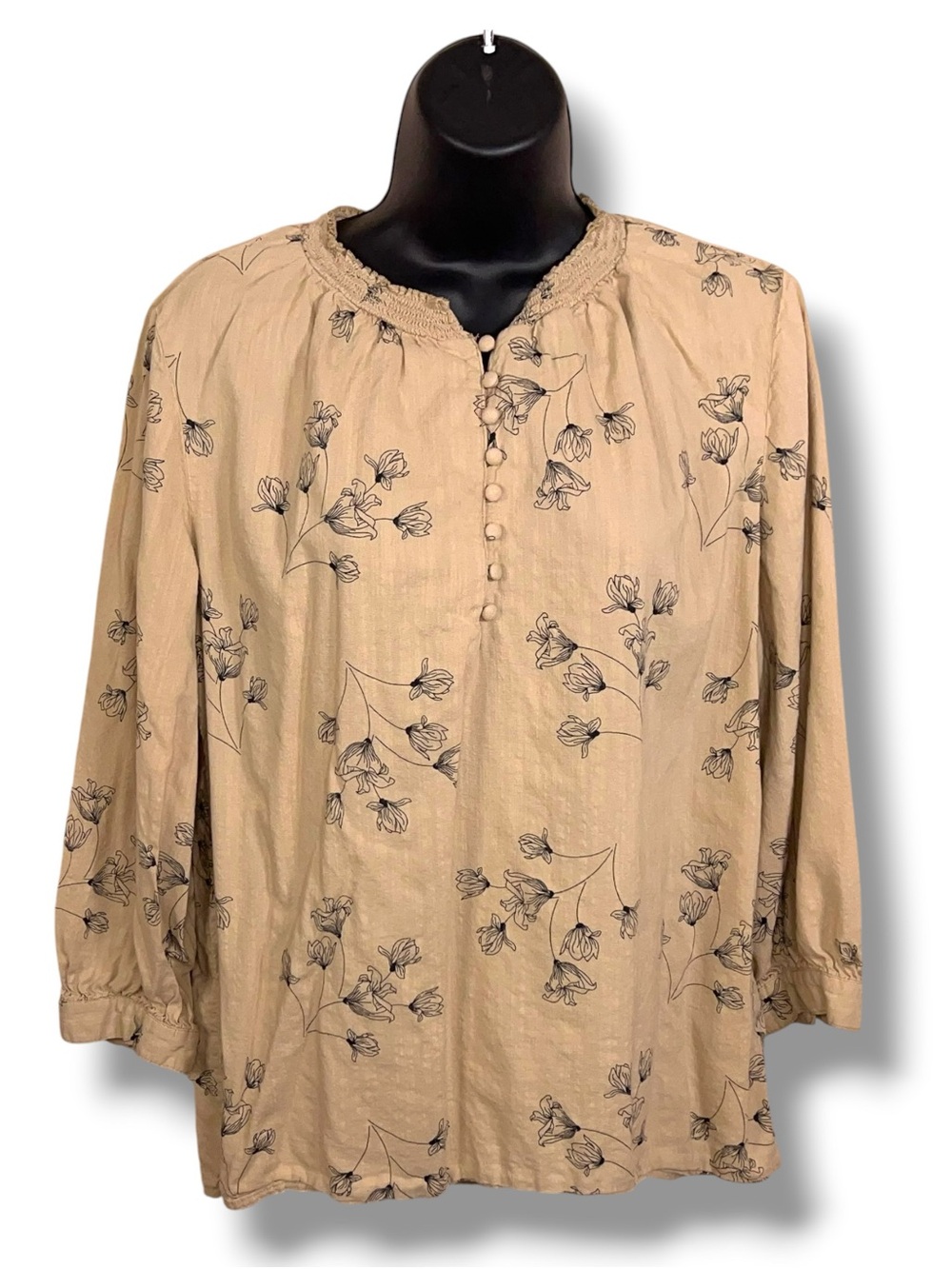 Medium St Johns Bay Beige Black Peasant Top Floral Cotton Rayon Boho